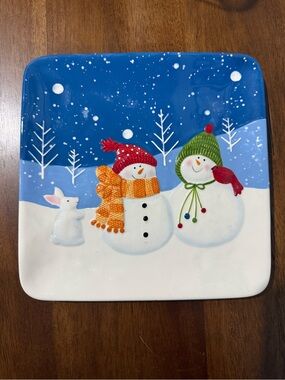 St. Nicholas Square Snowman Serving Plate in Blue, White & Red